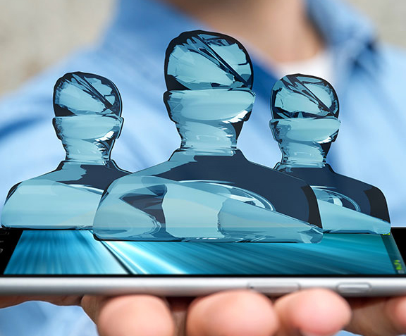 Businessman with shiny glass avatar group over phone 3D renderin